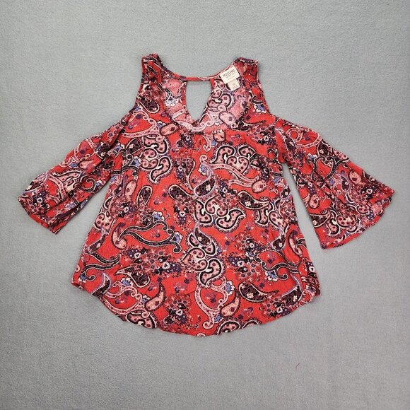 Mossimo Blouse Top Women's XS Red Paisley Cold Shoulder Bell Sleeve Top - Picture 1 of 10